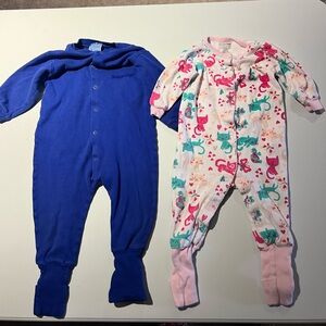 12mos Snug-A-Bye, Convert-A-Foot Royal Blue Solid & Pink Cat-Print Footie Set